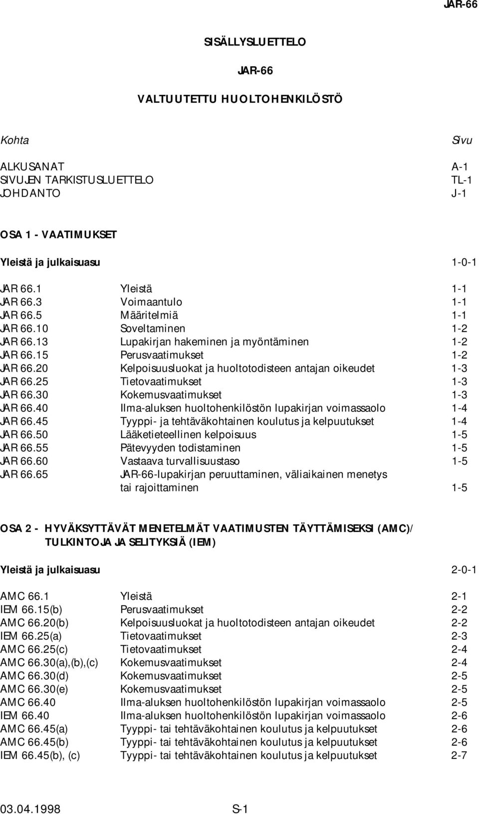 20 Kelpoisuusluokat ja huoltotodisteen antajan oikeudet 1-3 JAR 66.25 Tietovaatimukset 1-3 JAR 66.30 Kokemusvaatimukset 1-3 JAR 66.40 Ilma-aluksen huoltohenkilöstön lupakirjan voimassaolo 1-4 JAR 66.