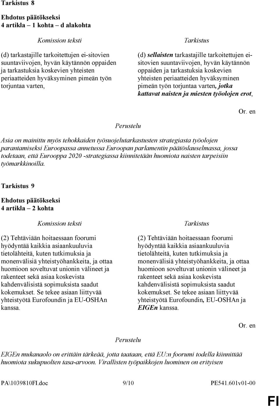 varten, jotka kattavat naisten ja miesten työolojen erot, Asia on mainittu myös tehokkaiden työsuojelutarkastusten strategiasta työolojen parantamiseksi Euroopassa annetussa Euroopan parlamentin