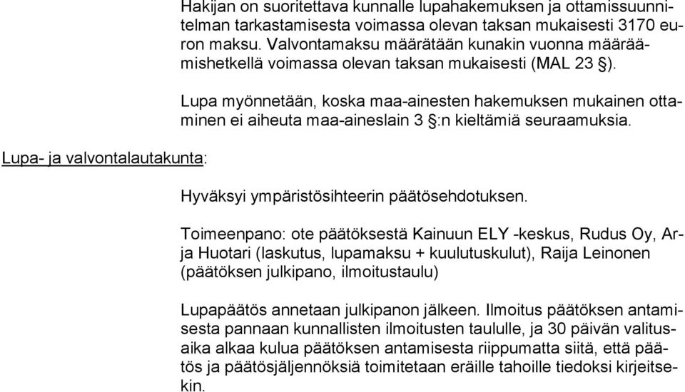 Lupa myönnetään, koska maa-ainesten hakemuksen mukainen ot tami nen ei aiheuta maa-aineslain 3 :n kieltämiä seuraamuksia. Hyväksyi ympäristösihteerin päätösehdotuksen.