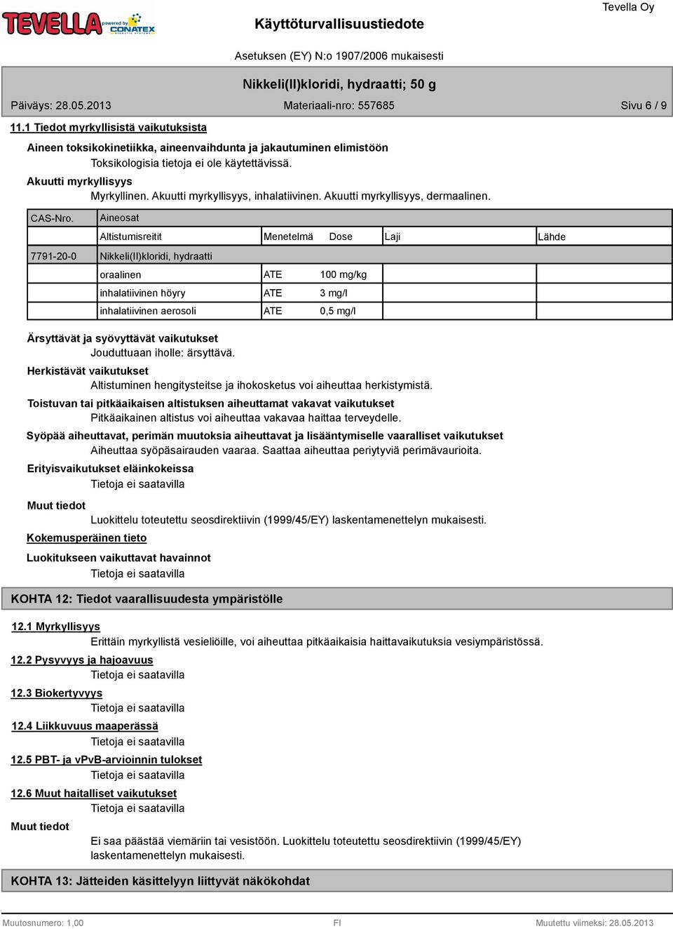 Aineosat Altistumisreitit Menetelmä Dose 7791-20-0 Nikkeli(II)kloridi, hydraatti oraalinen ATE 100 mg/kg inhalatiivinen höyry ATE 3 mg/l inhalatiivinen aerosoli ATE 0,5 mg/l Laji Lähde Ärsyttävät ja