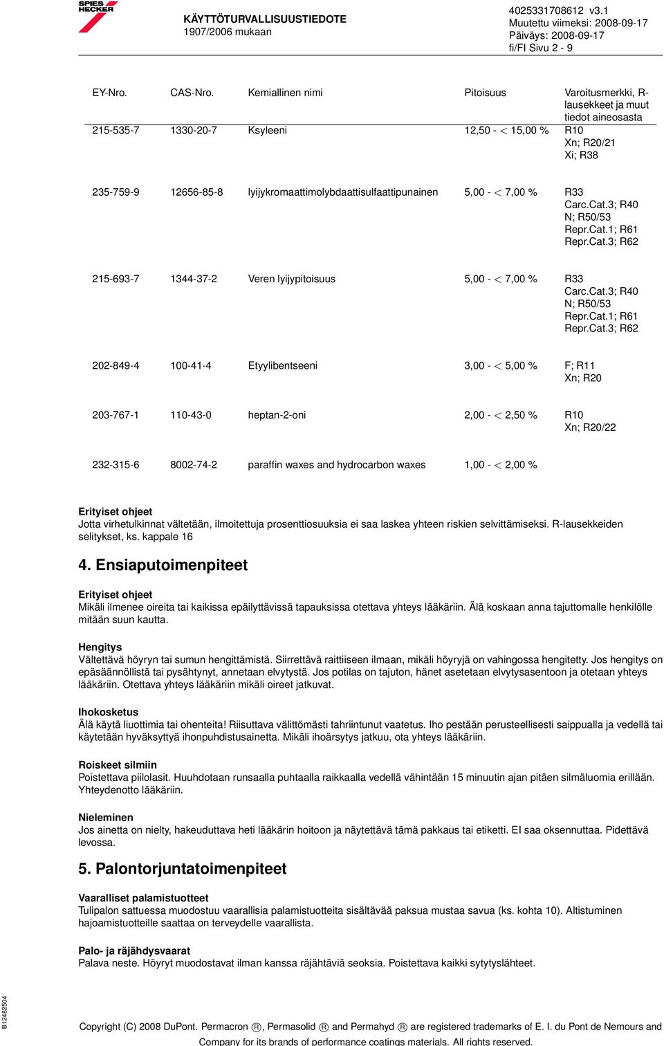 lyijykromaattimolybdaattisulfaattipunainen 5,00 - < 7,00 % R33 Carc.Cat.