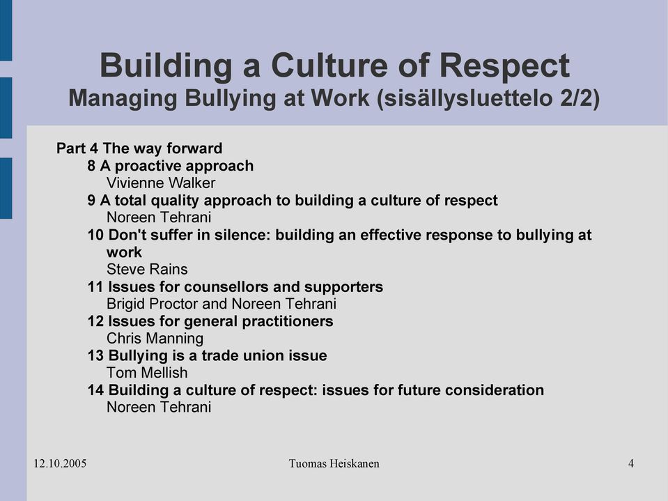 bullying at work Steve Rains 11 Issues for counsellors and supporters Brigid Proctor and Noreen Tehrani 12 Issues for general practitioners