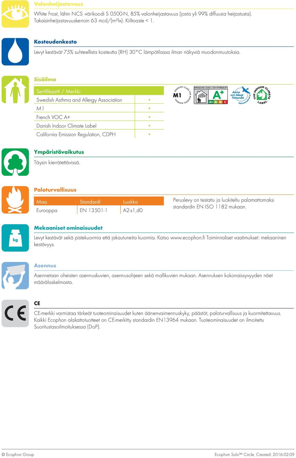 Sisäilma Sertifikaatti / Merkki Swedish Asthma and Allergy Association M1 French VOC A+ Danish Indoor Climate Label California Emission Regulation, CDPH Ympäristövaikutus Täysin kierrätettävissä.