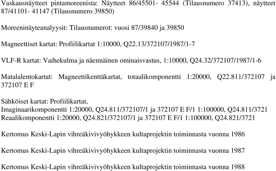 32/372107/1987/1-6 Matalalentokartat: Magneettikenttäkartat, totaalikomponentti 1:20000, Q22.811/372107 ja 372107 E F Sähköiset kartat: Profiilikartat, Imaginaarikomponentti 1:20000, Q24.