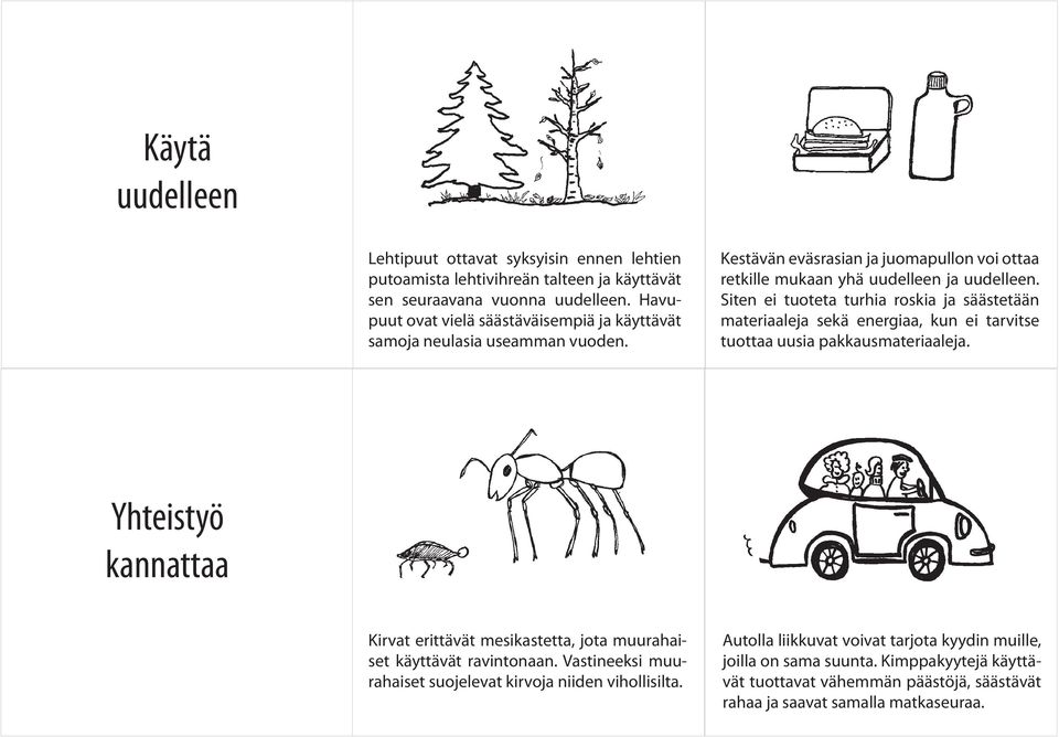 Siten ei tuoteta turhia roskia ja säästetään materiaaleja sekä energiaa, kun ei tarvitse tuottaa uusia pakkausmateriaaleja.