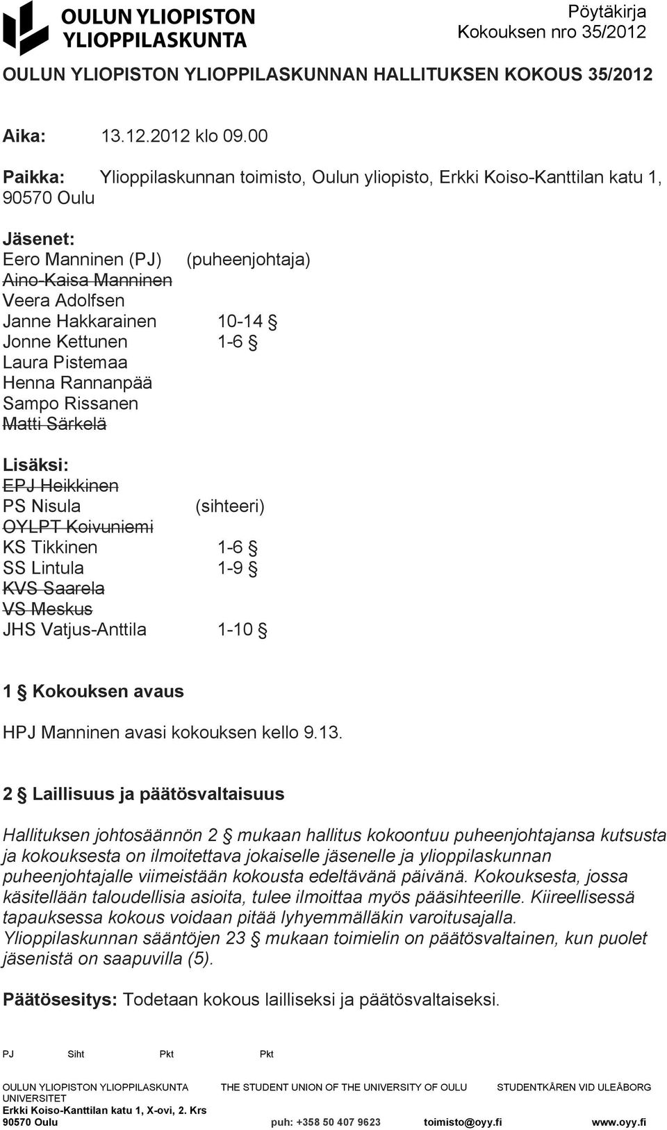 Jonne Kettunen 1-6 Laura Pistemaa Henna Rannanpää Sampo Rissanen Matti Särkelä Lisäksi: EPJ Heikkinen PS Nisula (sihteeri) OYLPT Koivuniemi KS Tikkinen 1-6 SS Lintula 1-9 KVS Saarela VS Meskus JHS