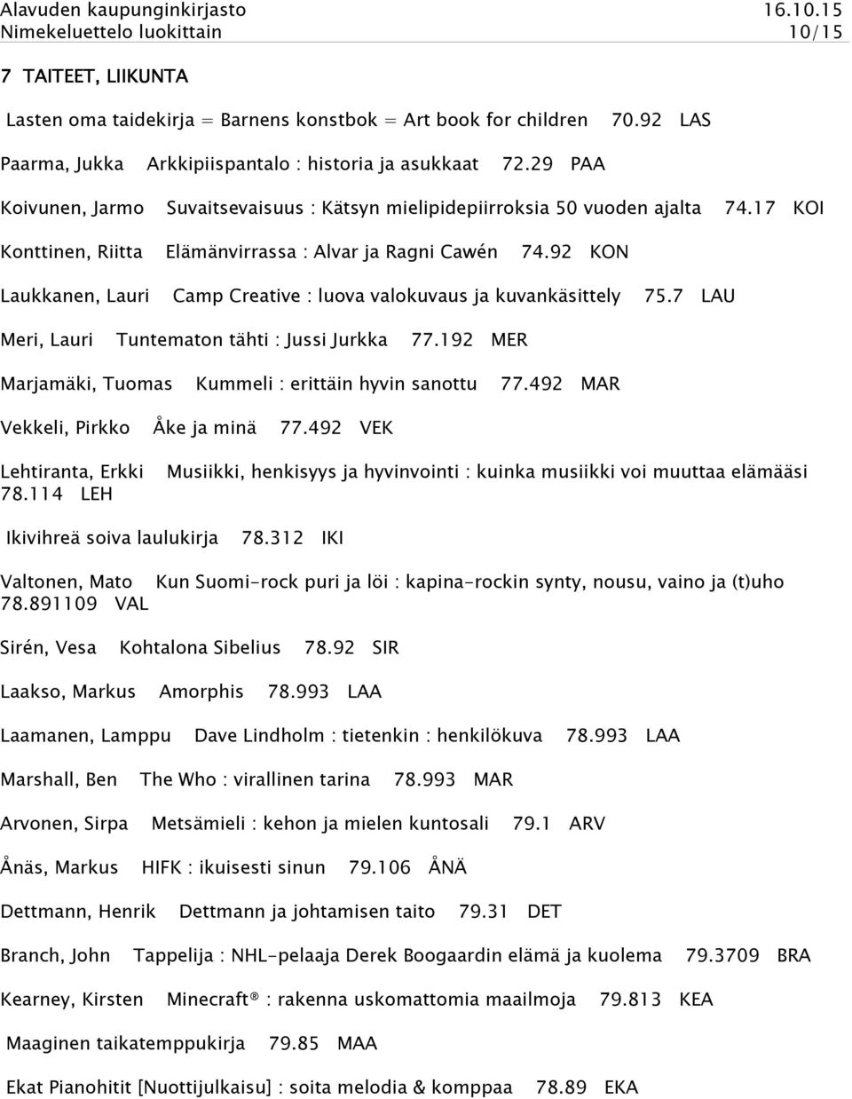 17 KOI Elämänvirrassa : Alvar ja Ragni Cawén 74.92 KON Laukkanen, Lauri Camp Creative : luova valokuvaus ja kuvankäsittely 75.7 LAU Meri, Lauri Tuntematon tähti : Jussi Jurkka 77.