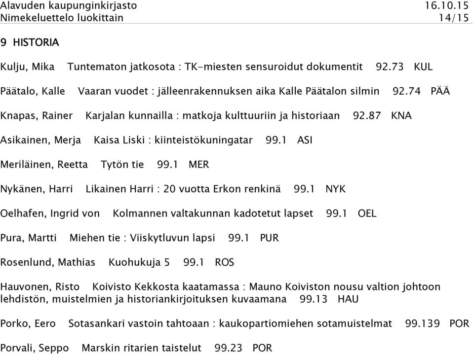 87 KNA Asikainen, Merja Kaisa Liski : kiinteistökuningatar 99.1 ASI Meriläinen, Reetta Tytön tie 99.1 MER Nykänen, Harri Likainen Harri : 20 vuotta Erkon renkinä 99.