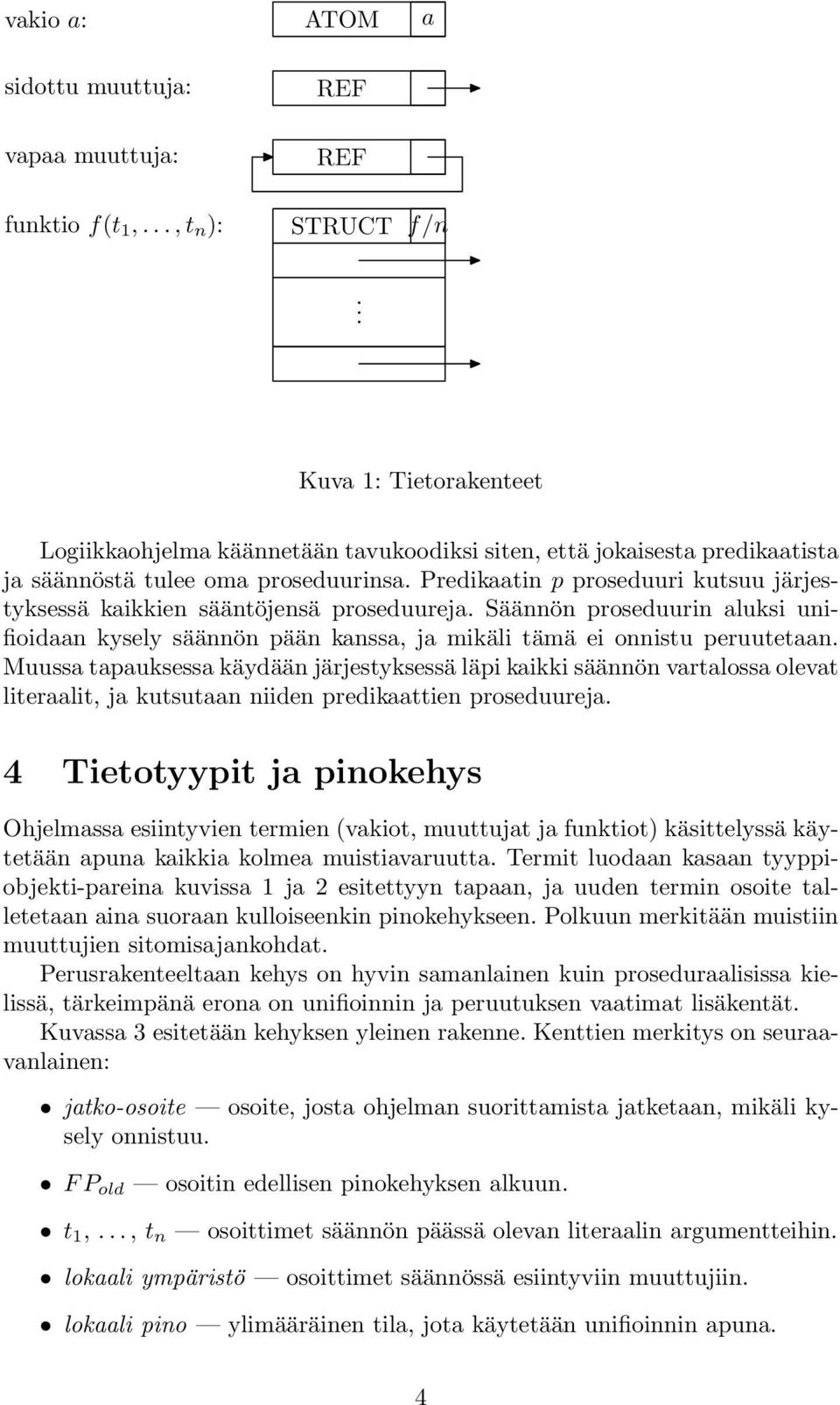 onnistu peruutetaan Muussa tapauksessa käydään järjestyksessä läpi kaikki säännön vartalossa olevat literaalit, ja kutsutaan niiden predikaattien proseduureja 4 Tietotyypit ja pinokehys Ohjelmassa