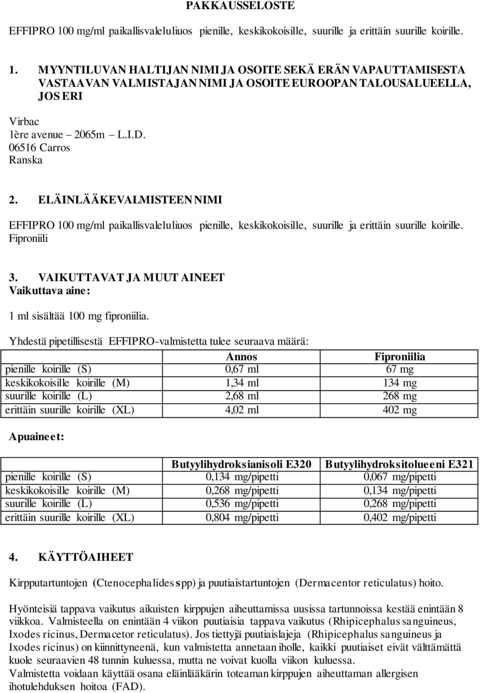 VAIKUTTAVAT JA MUUT AINEET Vaikuttava aine: 1 ml sisältää 100 mg fiproniilia.