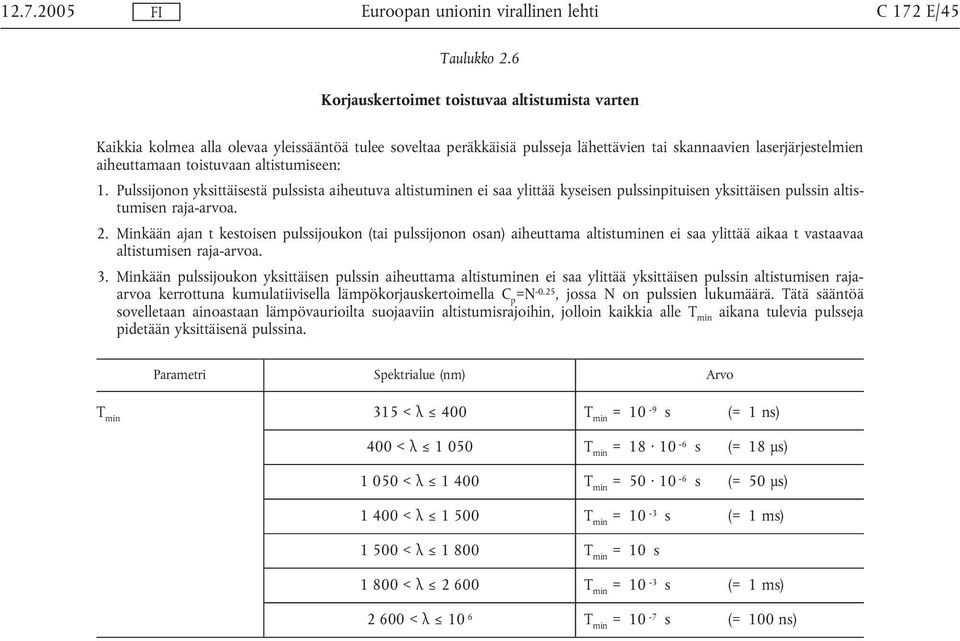 altistumiseen: 1. Pulssijonon yksittäisestä pulssista aiheutuva altistuminen ei saa ylittää kyseisen pulssinpituisen yksittäisen pulssin altistumisen raja-arvoa. 2.