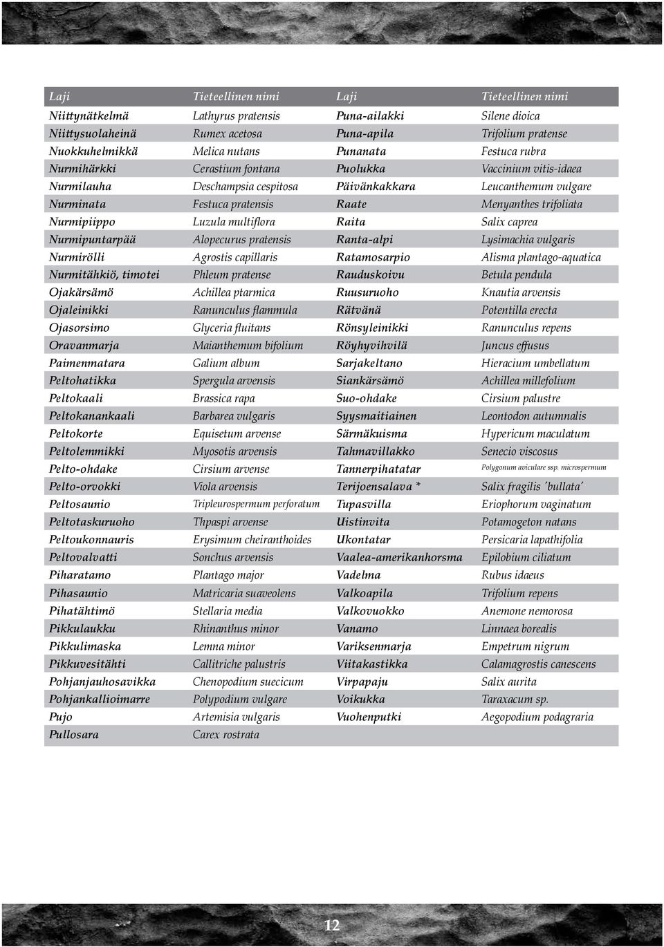 trifoliata Nurmipiippo Luzula multiflora Raita Salix caprea Nurmipuntarpää Alopecurus pratensis Ranta-alpi Lysimachia vulgaris Nurmirölli Agrostis capillaris Ratamosarpio Alisma plantago-aquatica