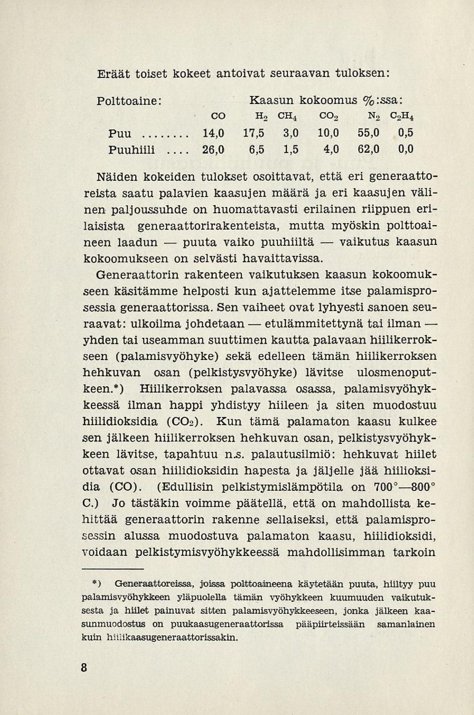 erilaisista generaattorirakenteista, mutta myöskin polttoaineen laadun vaiko puuhiiltä kaasun kokoomukseen on selvästi havaittavissa.