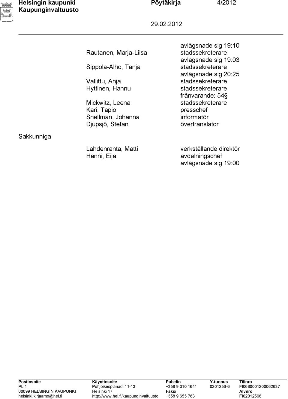 19:03 stadssekreterare avlägsnade sig 20:25 stadssekreterare stadssekreterare frånvarande: 54 stadssekreterare