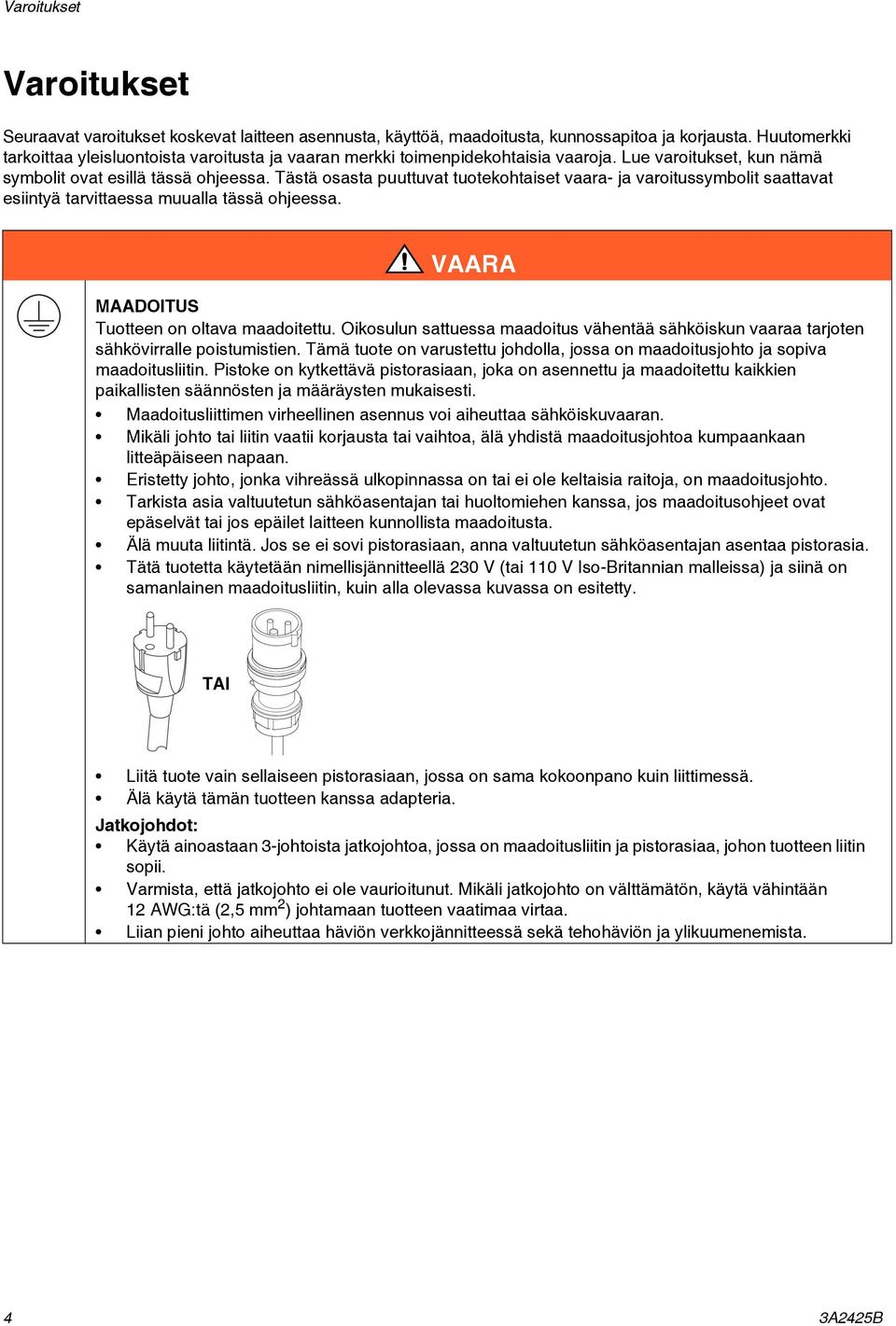 Tästä osasta puuttuvat tuotekohtaiset vaara- ja varoitussymbolit saattavat esiintyä tarvittaessa muualla tässä ohjeessa. VAARA MAADOITUS Tuotteen on oltava maadoitettu.