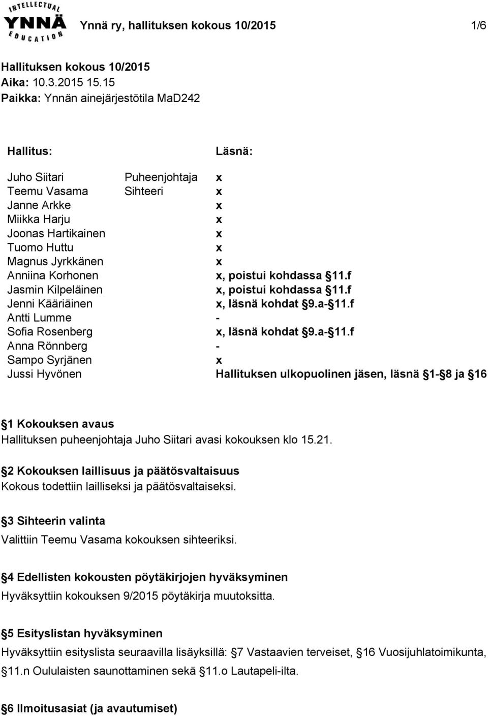 Kääriäinen Antti Lumme Sofia Rosenberg Anna Rönnberg Sampo Syrjänen Jussi Hyvönen Puheenjohtaja Sihteeri Läsnä:, poistui kohdassa 11.