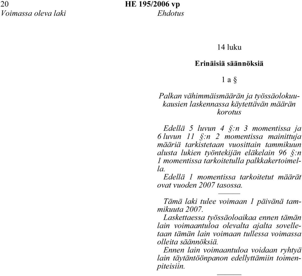 palkkakertoimella. Edellä 1 momentissa tarkoitetut määrät ovat vuoden 2007 tasossa. Tämä laki tulee voimaan 1 päivänä tammikuuta 2007.