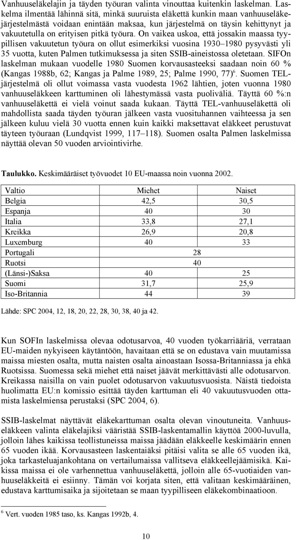 On vaikea uskoa, että jossakin maassa tyypillisen vakuutetun työura on ollut esimerkiksi vuosina 1930 1980 pysyvästi yli 35 vuotta, kuten Palmen tutkimuksessa ja siten SSIB-aineistossa oletetaan.