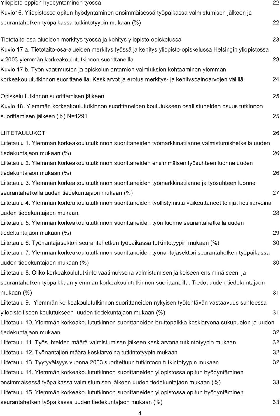 yliopisto-opiskelussa 23 Kuvio 17 a. Tietotaito-osa-alueiden merkitys työssä ja kehitys yliopisto-opiskelussa Helsingin yliopistossa v.2003 ylemmän korkeakoulututkinnon suorittaneilla 23 Kuvio 17 b.