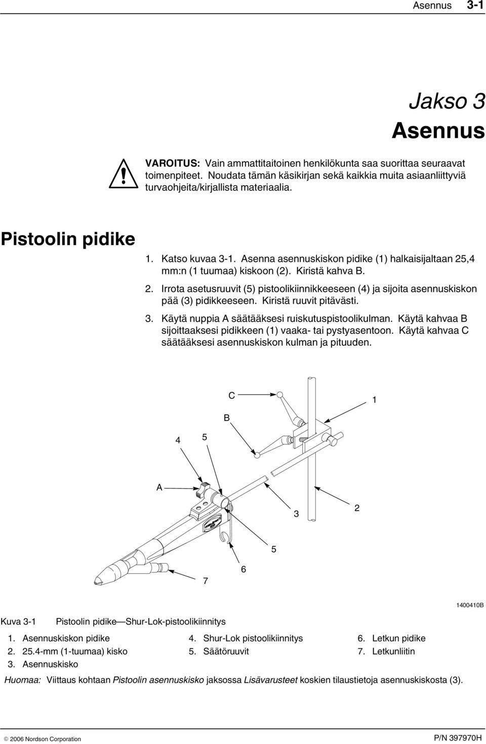 Asenna asennuskiskon pidike () halkaisijaltaan 25,4 mm:n ( tuumaa) kiskoon (2). Kiristä kahva B. 2. Irrota asetusruuvit (5) pistoolikiinnikkeeseen (4) ja sijoita asennuskiskon pää (3) pidikkeeseen.