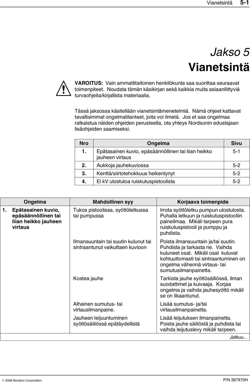 Nämä ohjeet kattavat tavallisimmat ongelmatilanteet, joita voi ilmetä. Jos et saa ongelmaa ratkaistua näiden ohjeiden perusteella, ota yhteys Nordsonin edustajaan lisäohjeiden saamiseksi.