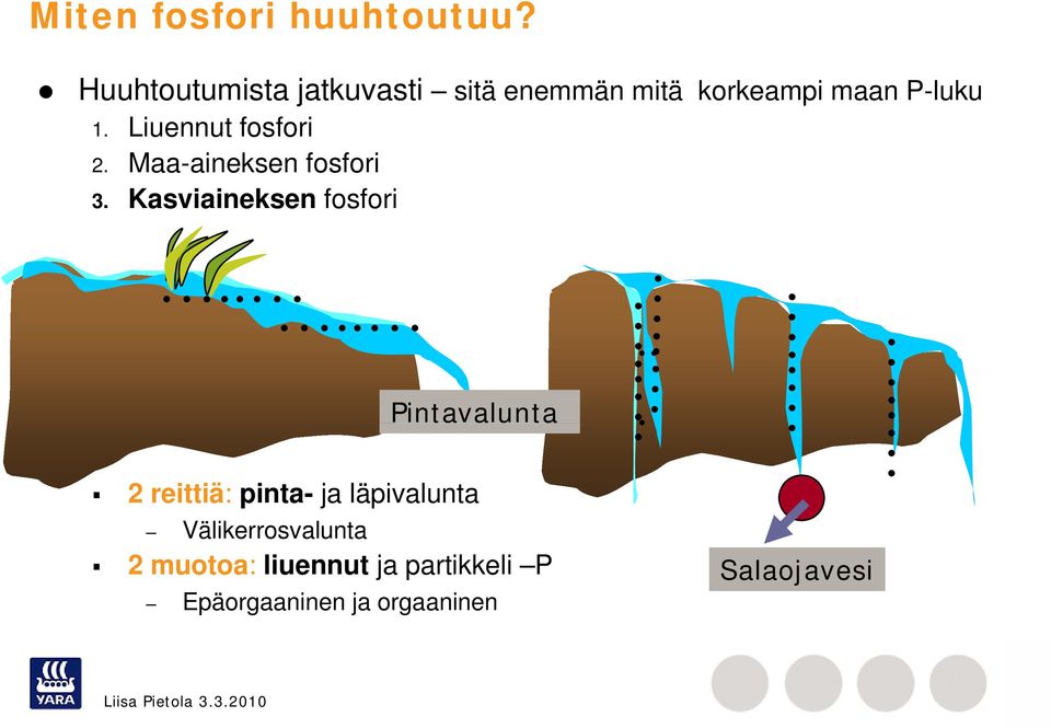 Liuennut fosforif 2. Maa-aineksen fosfori 3. Kasviaineksen fosfori.