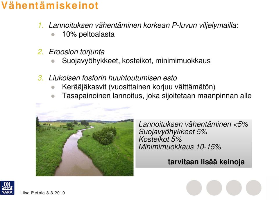 Liukoisen fosforin huuhtoutumisen esto Kerääjäkasvit (vuosittainen korjuu välttämätön) Tasapainoinen