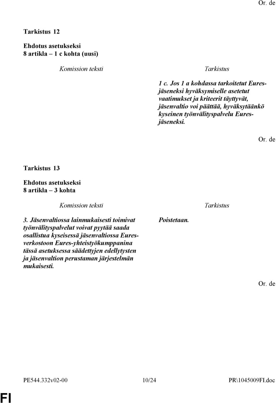 hyväksytäänkö kyseinen työnvälityspalvelu Euresjäseneksi. 13 8 artikla 3 kohta 3.
