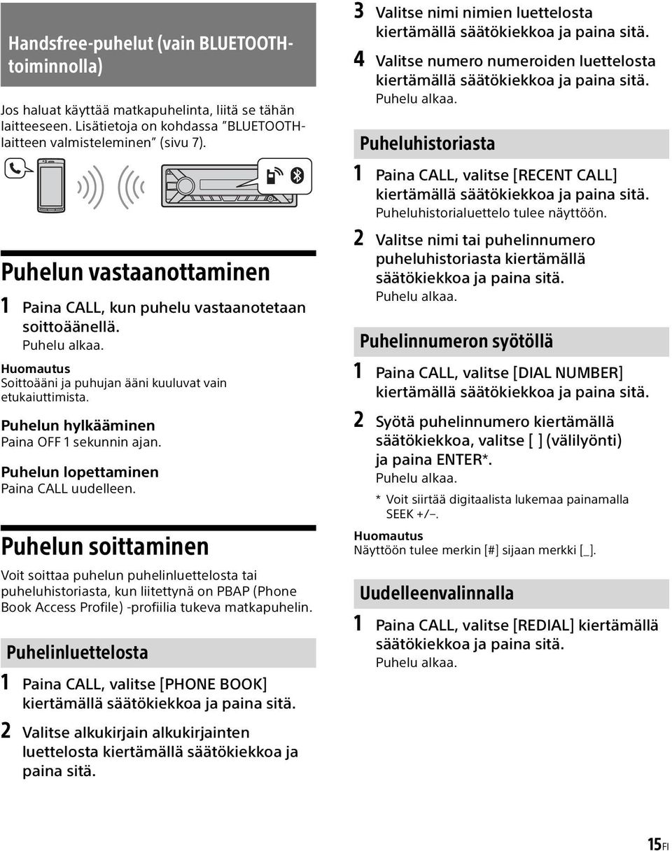 Puhelun hylkääminen Paina OFF 1 sekunnin ajan. Puhelun lopettaminen Paina CALL uudelleen.