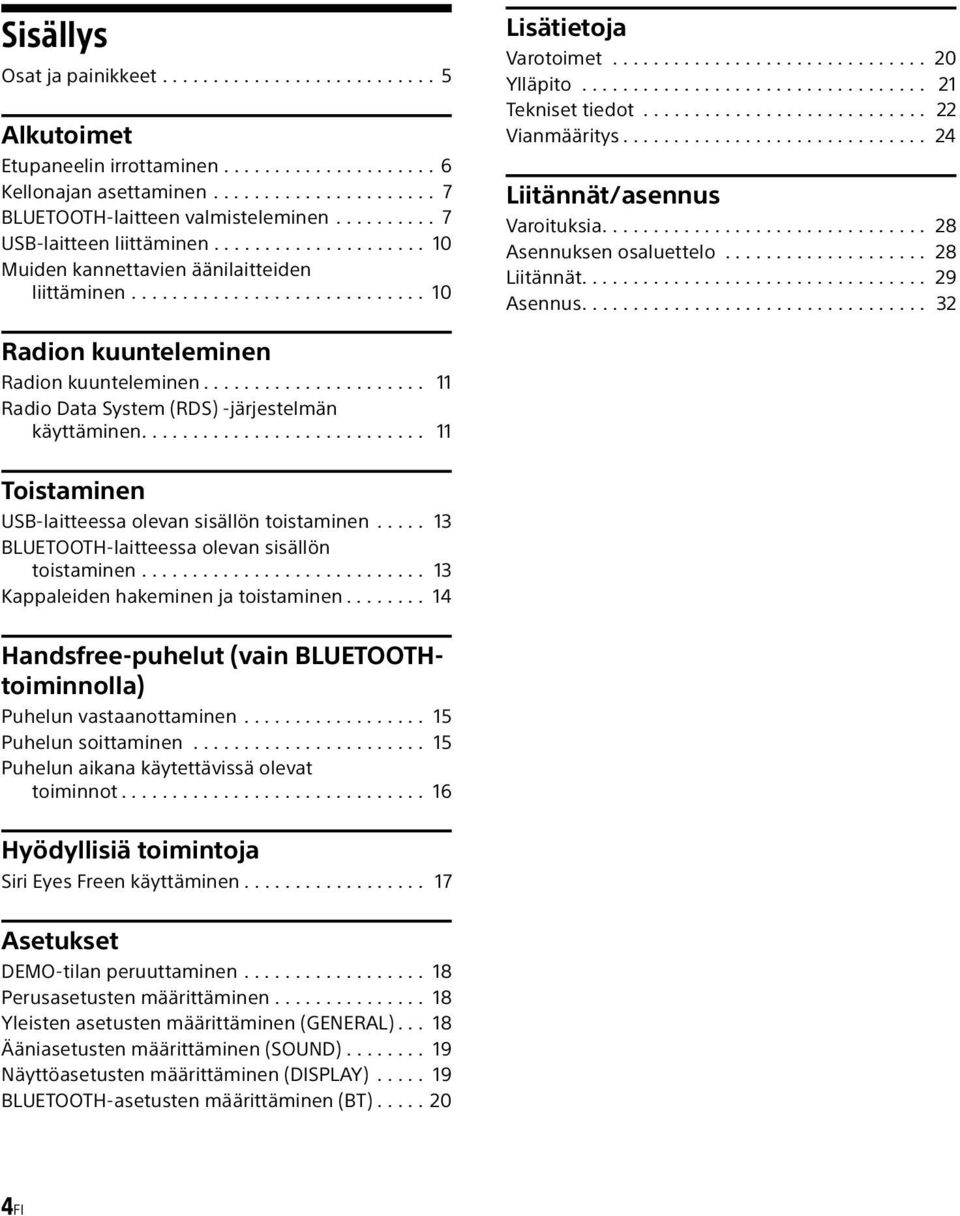 ................................. 21 Tekniset tiedot............................ 22 Vianmääritys.............................. 24 Liitännät/asennus Varoituksia................................ 28 Asennuksen osaluettelo.