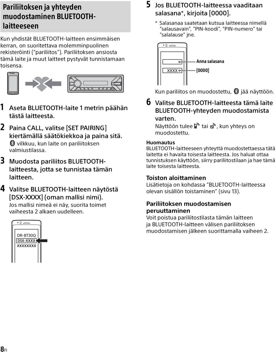 * Salasanaa saatetaan kutsua laitteessa nimellä salausavain, PIN-koodi, PIN-numero tai salalause jne. Anna salasana [0000] 1 Aseta BLUETOOTH-laite 1 metrin päähän tästä laitteesta.