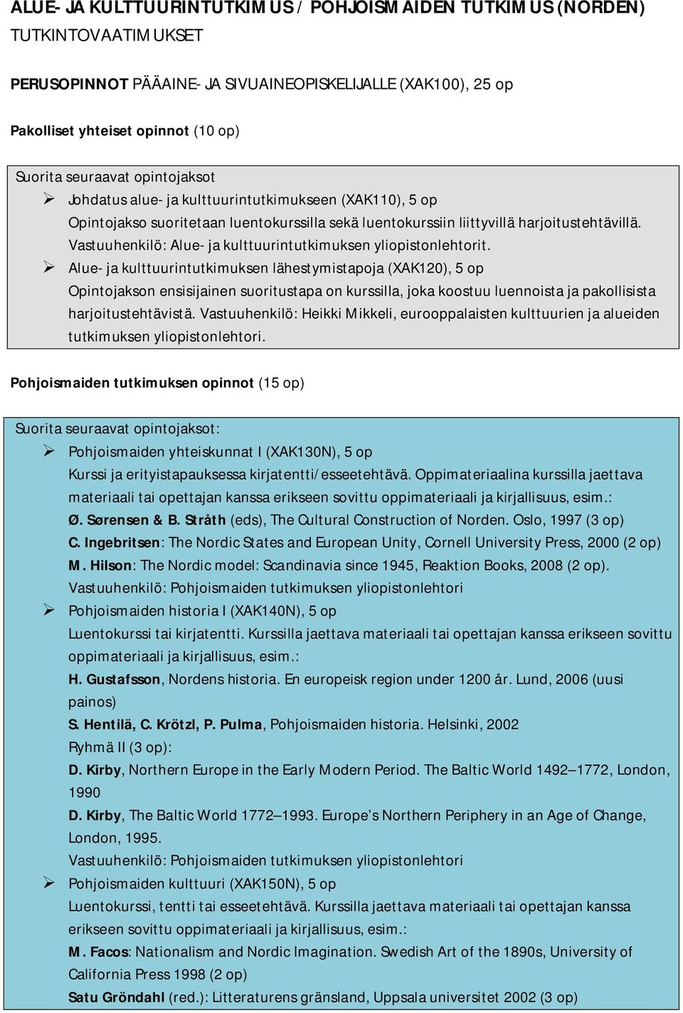 Vastuuhenkilö: Alue- ja kulttuurintutkimuksen yliopistonlehtorit.