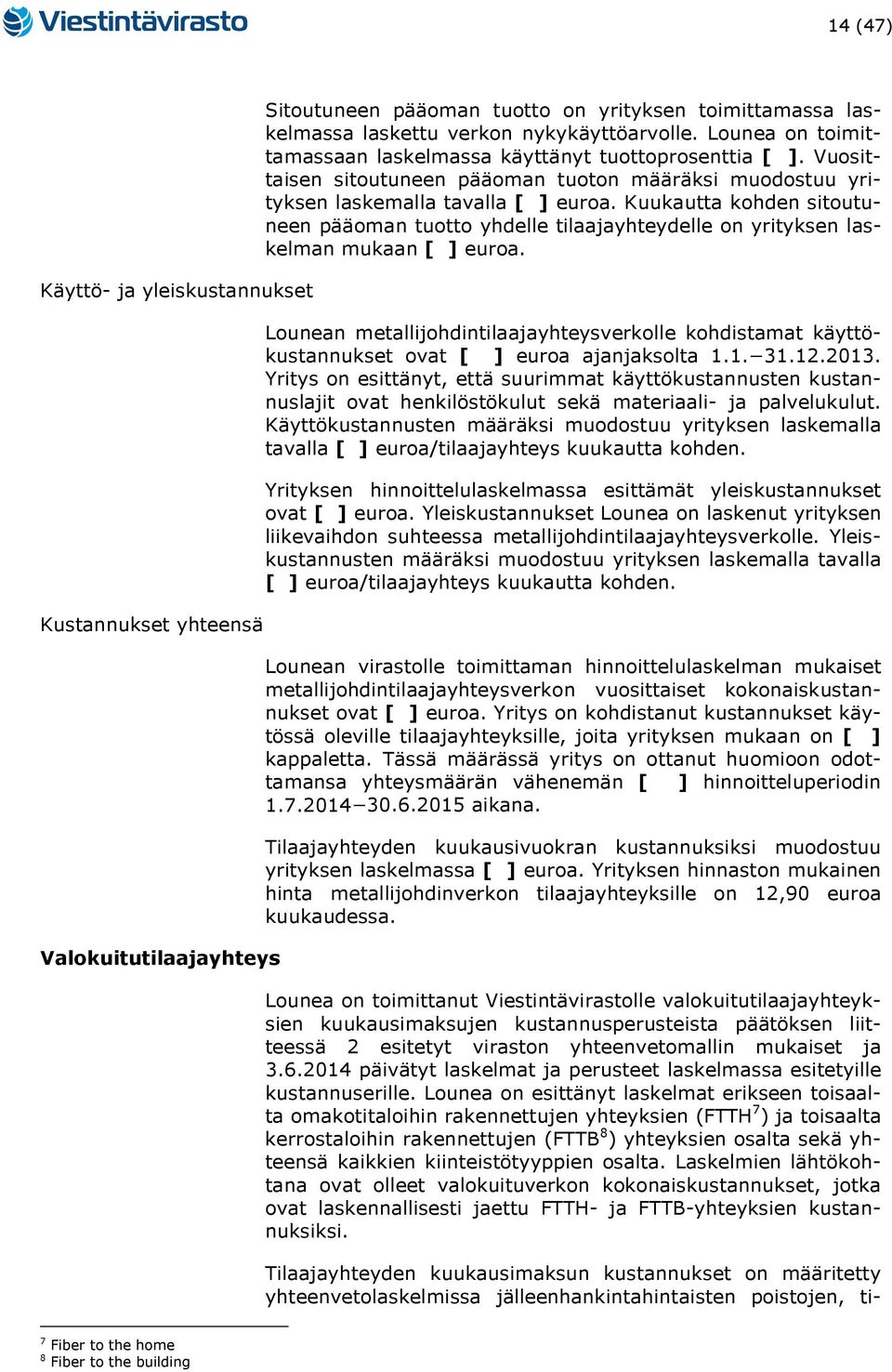 Kuukautta kohden sitoutuneen pääoman tuotto yhdelle tilaajayhteydelle on yrityksen laskelman mukaan [ ] euroa.