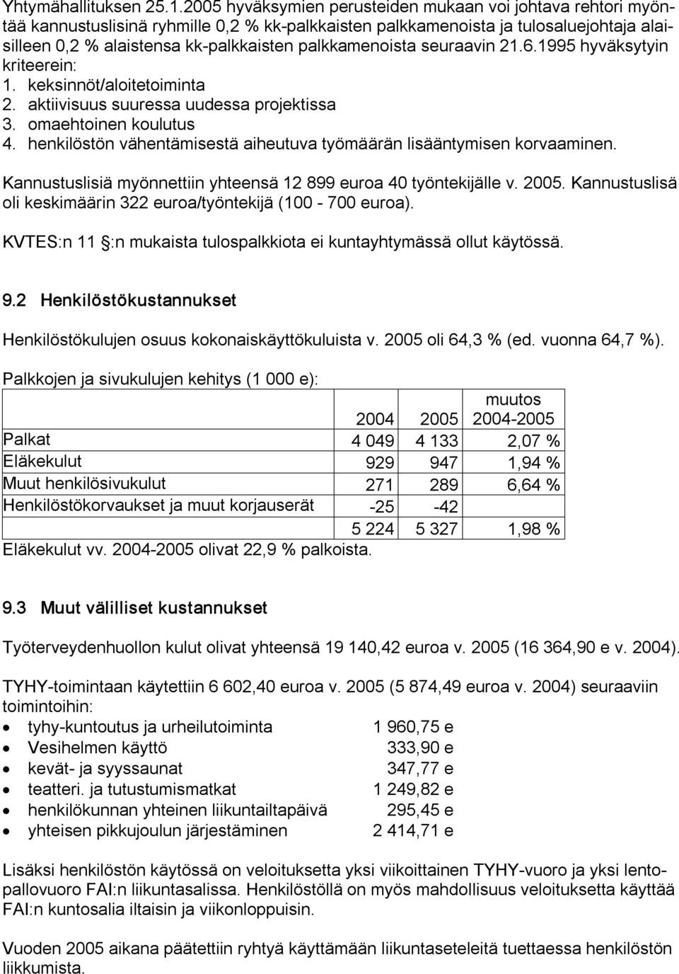 palkkamenoista seuraavin 21.6.1995 hyväksytyin kriteerein: 1. keksinnöt/aloitetoiminta 2. aktiivisuus suuressa uudessa projektissa 3. omaehtoinen koulutus 4.