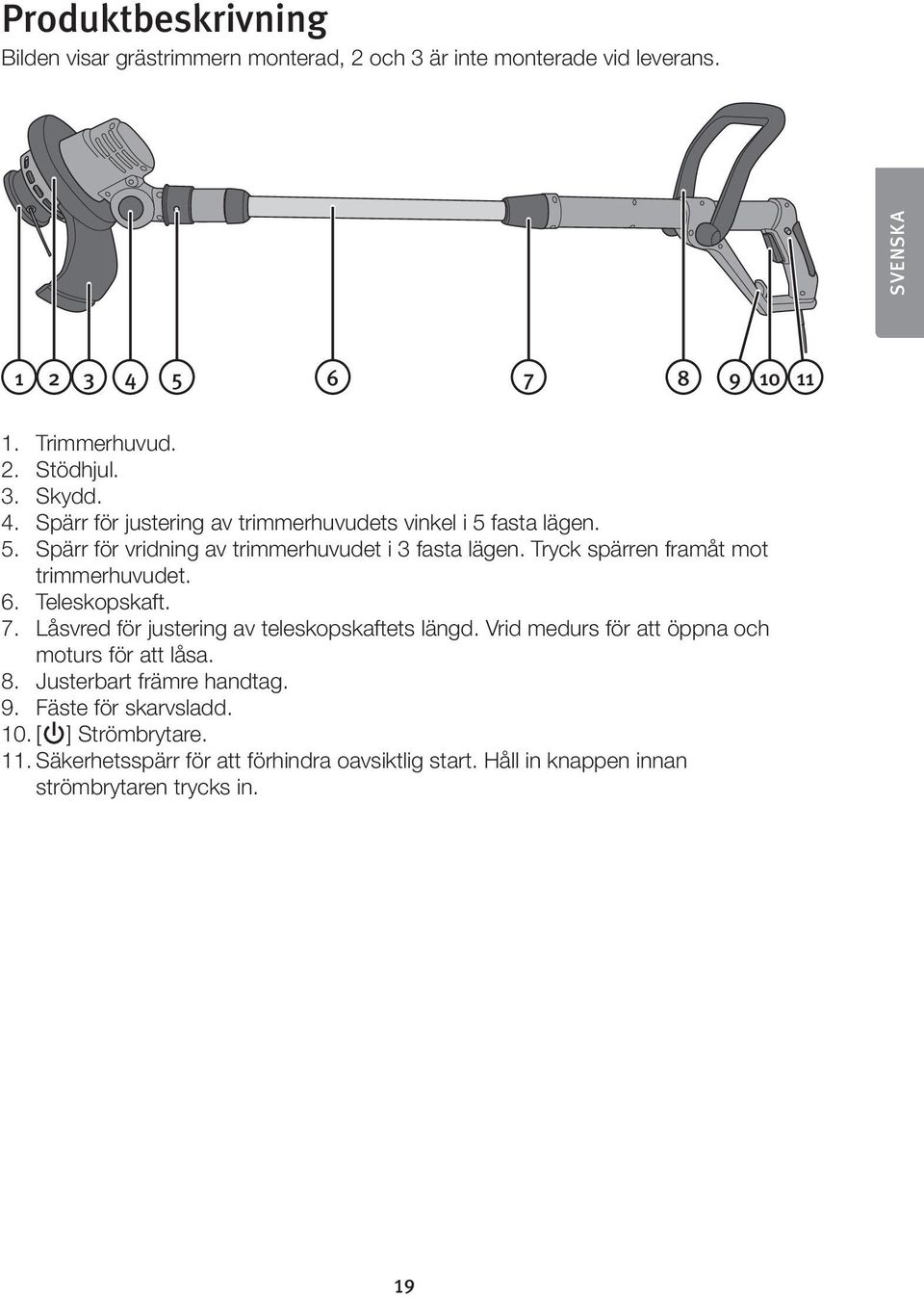 Tryck spärren framåt mot trimmerhuvudet. 6. Teleskopskaft. 7. Låsvred för justering av teleskopskaftets längd.
