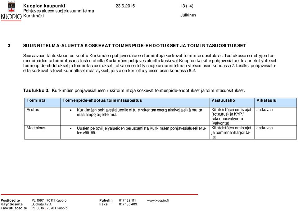 toimintasuositukset, jotka on esitetty suojelusuunnitelman yleisen osan kohdassa 7. Lisäksi pohjavesialuetta koskevat sitovat kunnalliset määräykset, joista on kerrottu yleisen osan kohdassa 6.2.