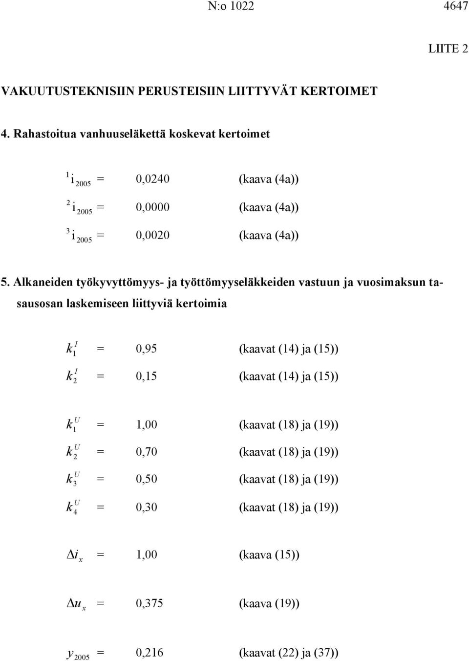 Alkaneiden työkyvyttömyys- ja työttömyyseläkkeiden vastuun ja vuosimaksun tasausosan laskemiseen liittyviä kertoimia I k 1 = 0,95 (kaavat (14) ja (15)) I