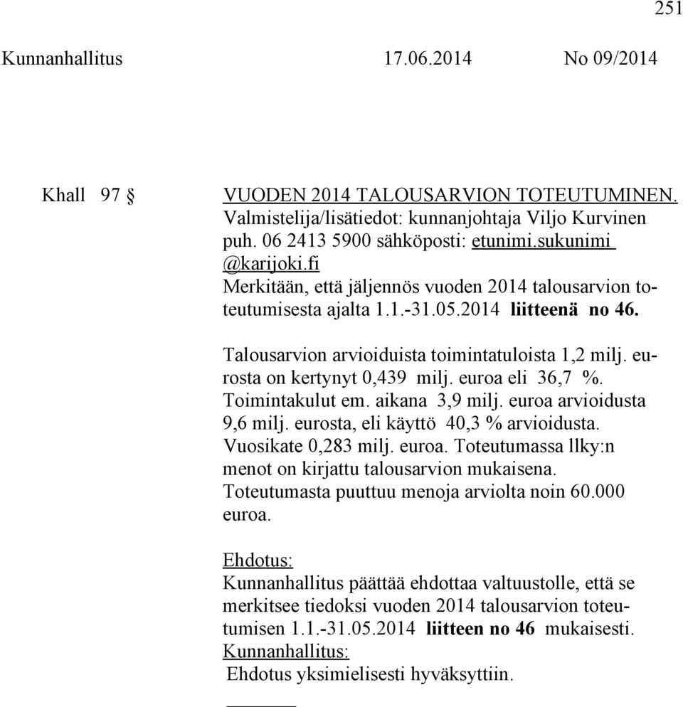 euroa eli 36,7 %. Toimintakulut em. aikana 3,9 milj. euroa arvioidusta 9,6 milj. eurosta, eli käyttö 40,3 % arvioidusta. Vuosikate 0,283 milj. euroa. Toteutumassa llky:n menot on kirjattu talousarvion mukaisena.