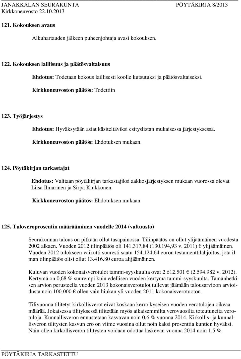 Pöytäkirjan tarkastajat Ehdotus: Valitaan pöytäkirjan tarkastajiksi aakkosjärjestyksen mukaan vuorossa olevat Liisa Ilmarinen ja Sirpa Kiukkonen. Kirkkoneuvoston päätös: Ehdotuksen mukaan 125.