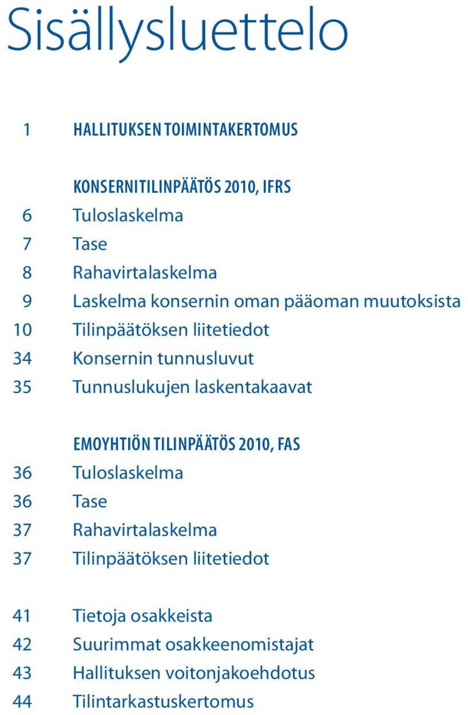 35 Tunnuslukujen laskentakaavat Emoyhtiön tilinpäätös 2010, FAS 36 Tuloslaskelma 36 Tase 37 Rahavirtalaskelma 37