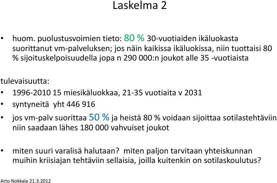 sijoituskelpoisuudella jopa n 290 000:n joukot alle 35 -vuotiaista tulevaisuutta: 1996-2010 15 miesikäluokkaa, 21-35 vuotiaita v 2031
