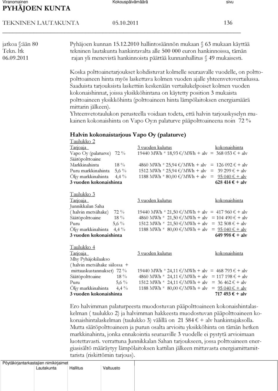 Koska polttoainetarjoukset kohdistuvat kolmelle seuraavalle vuodelle, on polttopolttoaineen hinta myös laskettava kolmen vuoden ajalle yhteenvetovertailussa.