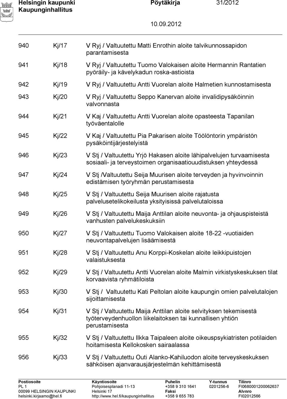 valvonnasta 944 Kj/21 V Kaj / Valtuutettu Antti Vuorelan aloite opasteesta Tapanilan työväentalolle 945 Kj/22 V Kaj / Valtuutettu Pia Pakarisen aloite Töölöntorin ympäristön pysäköintijärjestelyistä