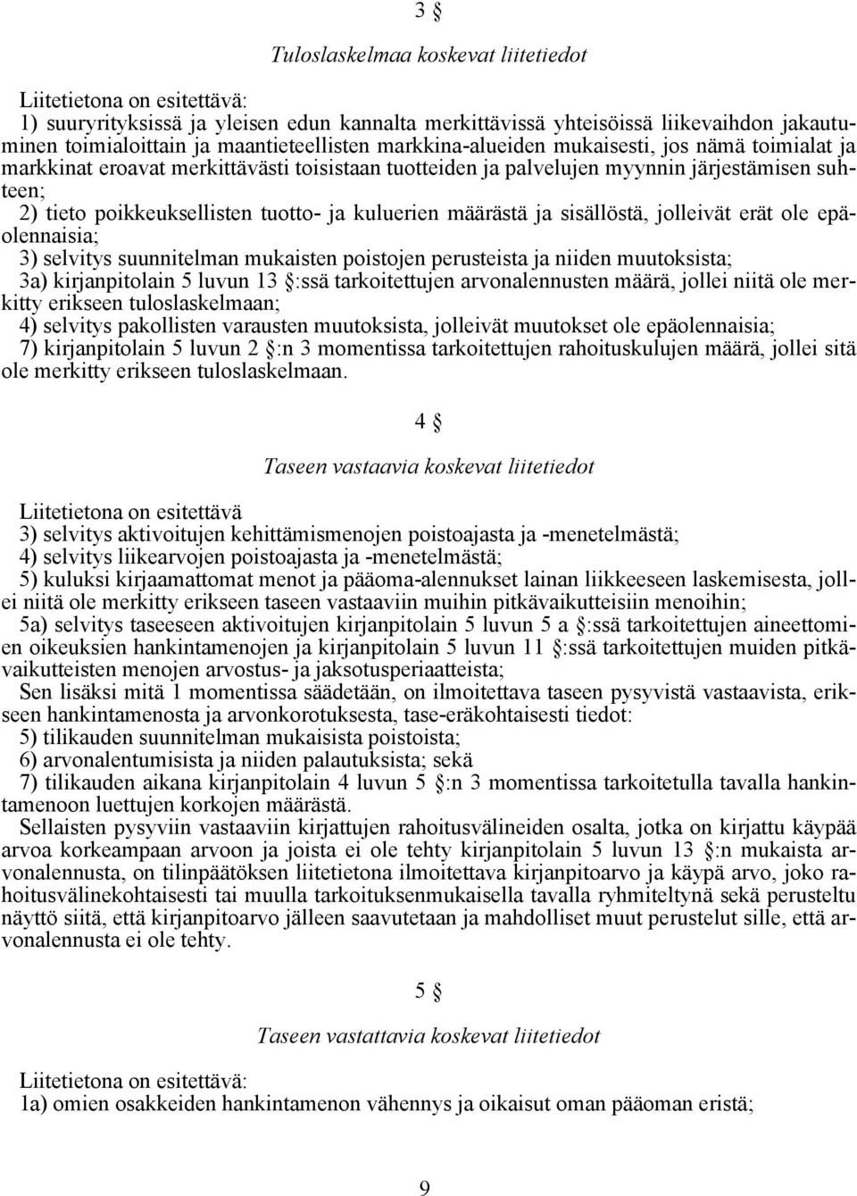 määrästä ja sisällöstä, jolleivät erät ole epäolennaisia; 3) selvitys suunnitelman mukaisten poistojen perusteista ja niiden muutoksista; 3a) kirjanpitolain 5 luvun 13 :ssä tarkoitettujen