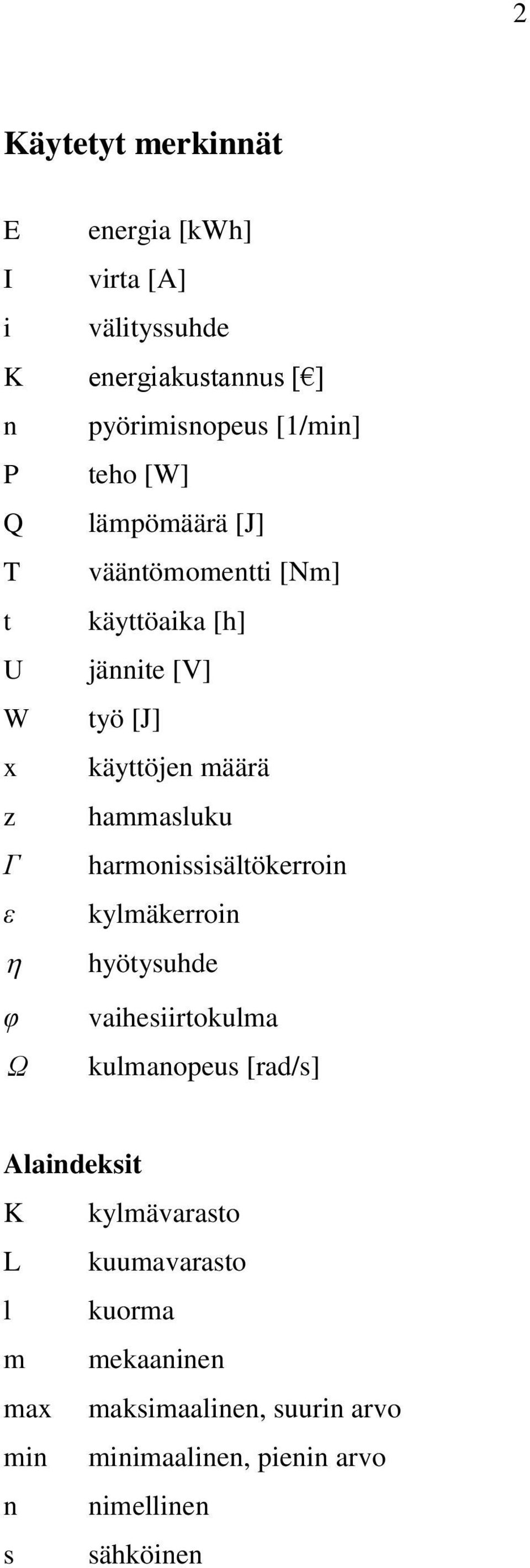 harmonissisältökerroin ε kylmäkerroin hyötysuhde φ vaihesiirtokulma Ω kulmanopeus [rad/s] Alaindeksit K kylmävarasto L
