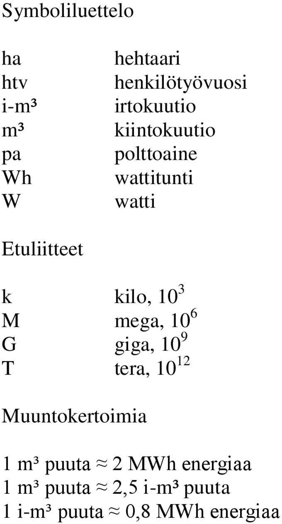 10 3 M mega, 10 6 G giga, 10 9 T tera, 10 12 Muuntokertoimia 1 m³