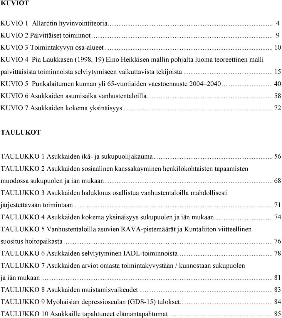 .. 15 KUVIO 5 Punkalaitumen kunnan yli 65-vuotiaiden väestöennuste 2004 2040... 40 KUVIO 6 Asukkaiden asumisaika vanhustentaloilla... 58 KUVIO 7 Asukkaiden kokema yksinäisyys.