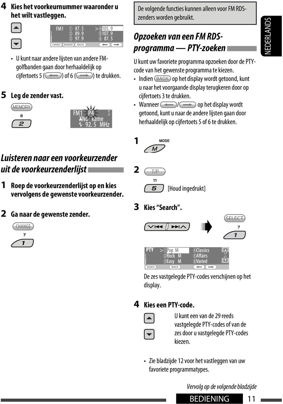 Opzoeken van een FM RDSprogramma PTY-zoeken U kunt uw favoriete programma opzoeken door de PTYcode van het gewenste programma te kiezen.