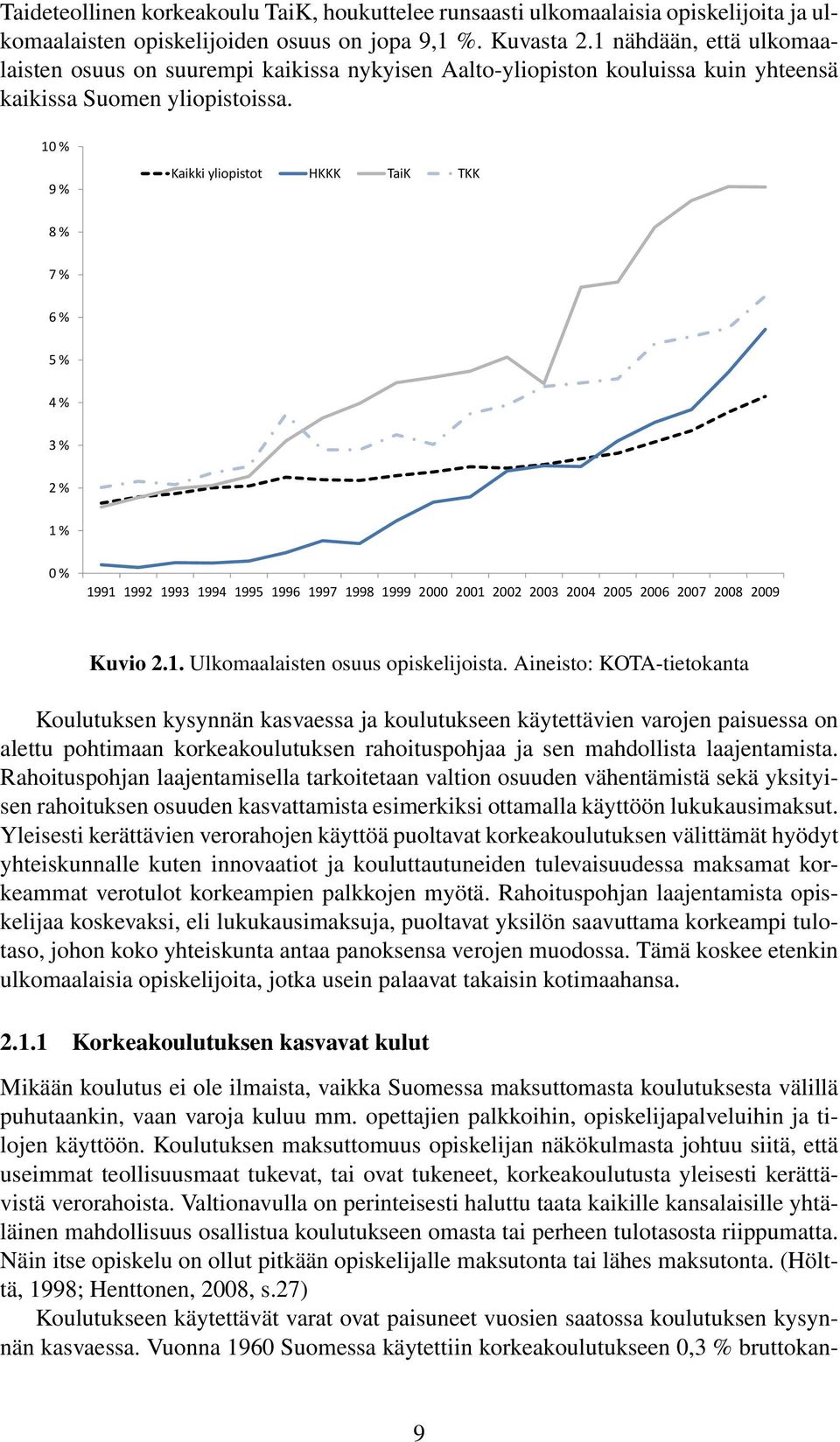 10 % 9 % Kaikki yliopistot HKKK TaiK TKK 8 % 7 % 6 % 5 % 4 % 3 % 2 % 1 % 0 % 1991 1992 1993 1994 1995 1996 1997 1998 1999 2000 2001 2002 2003 2004 2005 2006 2007 2008 2009 Kuvio 2.1. Ulkomaalaisten osuus opiskelijoista.