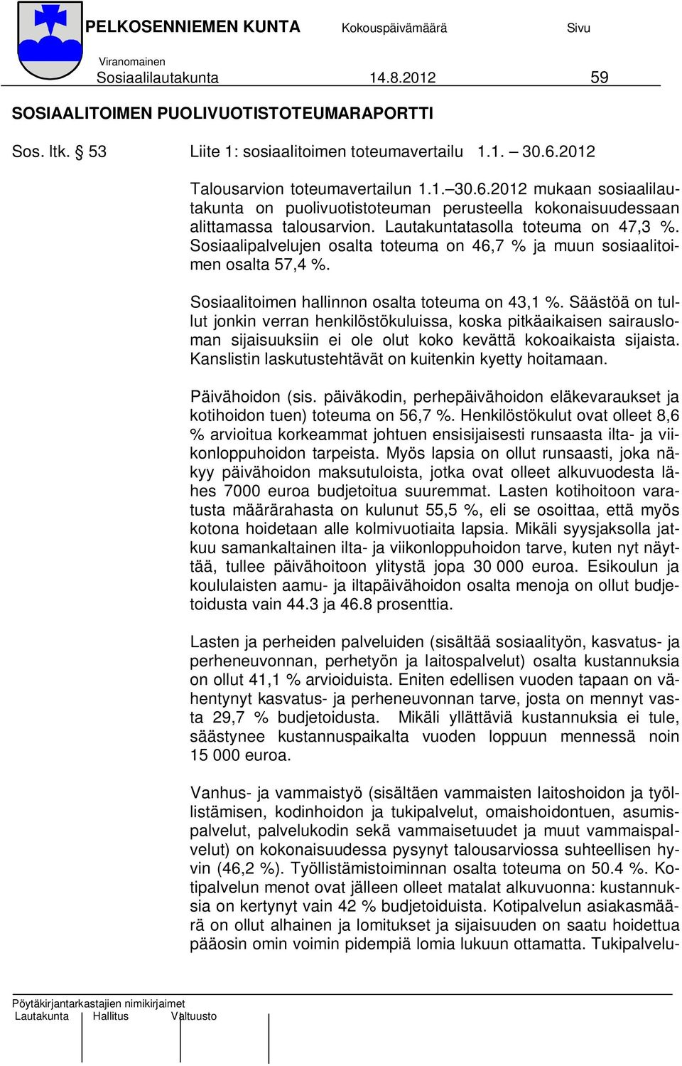 Sosiaalipalvelujen osalta toteuma on 46,7 % ja muun sosiaalitoimen osalta 57,4 %. Sosiaalitoimen hallinnon osalta toteuma on 43,1 %.